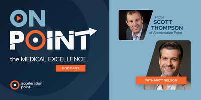 Professional headshots of host Scott Thompson and guest Matt Nelson appear on the branded OnPoint: The Medical Excellence Podcast graphic. The image represents a conversation on strategic alignment, organizational change, and Medical Excellence leadership