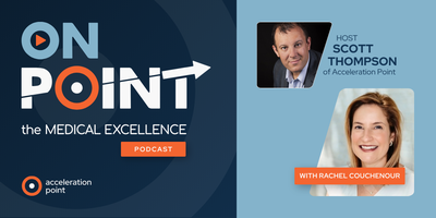 Professional headshots of host Scott Thompson and guest Rachel Couchenour appear side by side on the branded OnPoint: The Medical Excellence Podcast graphic. The image represents a conversation on building and leading Medical Affairs functions in small an