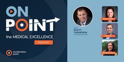 Professional headshots of host Scott Thompson alongside guests Wendy Fraser, Rishi Ohri, and Annamaria Crisan on the branded OnPoint: The Medical Excellence Podcast graphic. The image represents a panel conversation on real-world generative AI use cases a