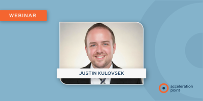 A professional headshot of Justin Kulovsek, Head of Digital and Omnichannel Engagement at Acceleration Point, displayed on a blue branded webinar graphic. The image represents a practical framework for Medical Affairs teams building compliant, audience-fo