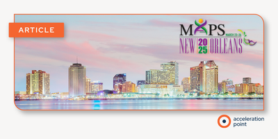 A panoramic skyline view of New Orleans at dusk overlaid with the MAPS 2025 Annual Meeting branding, set against a soft pink and blue sky. The image establishes the conference setting and connects to Acceleration Point's coverage of key themes from the 20