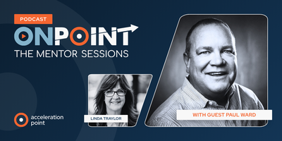 Professional headshots of host Linda Traylor and guest Paul Ward appear on the branded OnPoint: The Mentor Sessions Podcast graphic, with Ward featured prominently and Traylor in a smaller inset. The image represents a conversation on Medical Affairs lead