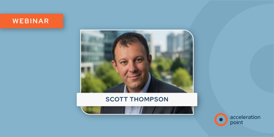 A professional headshot of Scott Thompson, CEO of Acceleration Point, displayed on a light blue branded webinar graphic. The image represents a practical webinar on transforming raw field insights into strategic action for Medical Insight Leads and MSL te
