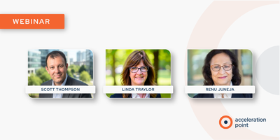 Side-by-side professional headshots of Scott Thompson, Linda Traylor, and Renu Juneja on a dark blue branded webinar graphic from Acceleration Point. The image represents a practical webinar on frameworks and strategies for measuring and communicating the