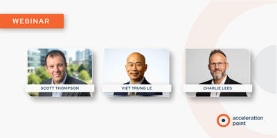 Side-by-side professional headshots of Scott Thompson, Viet Trung Le, and Charlie Lees on a branded Acceleration Point webinar graphic. The image represents a panel discussion on the rise of digital opinion leaders and the strategic implications for Medic