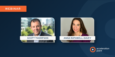 Side-by-side professional headshots of Scott Thompson and Anna Rathwell-Davey on a dark blue branded webinar graphic from Acceleration Point. The image represents a practical webinar on questioning frameworks that help MSLs and Field Medical teams generat