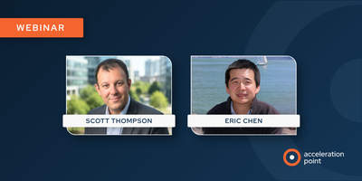 Side-by-side professional headshots of Scott Thompson and Eric Chen on a dark blue branded webinar graphic from Acceleration Point. The image represents a practical webinar on AI use cases for Medical Affairs teams, covering content preparation and insigh