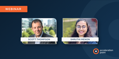 Side-by-side professional headshots of Scott Thompson and Shruthi Menon on a dark blue branded webinar graphic from Acceleration Point. The image represents a practical webinar on congress social listening strategies that help Medical Affairs teams captur