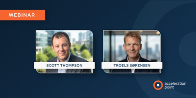Side-by-side professional headshots of Scott Thompson and Troels Sørensen on a dark navy branded webinar graphic from Acceleration Point. The image represents a practical webinar on care gap analysis, Target Population Output methodology, and the organiza
