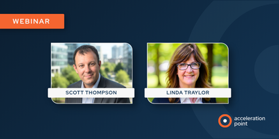 Side-by-side professional headshots of Scott Thompson and Linda Traylor on a branded Acceleration Point webinar graphic. The image represents a practical Field Medical leadership webinar on AI displacement risk, MSL role evolution, and the shift from data