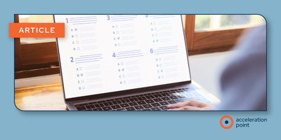 A person's hands working at a laptop displaying a numbered multiple-choice assessment or checklist form, representing the layered approval workflows that some organizations apply to medical insight capture. The image connects to the article's examination